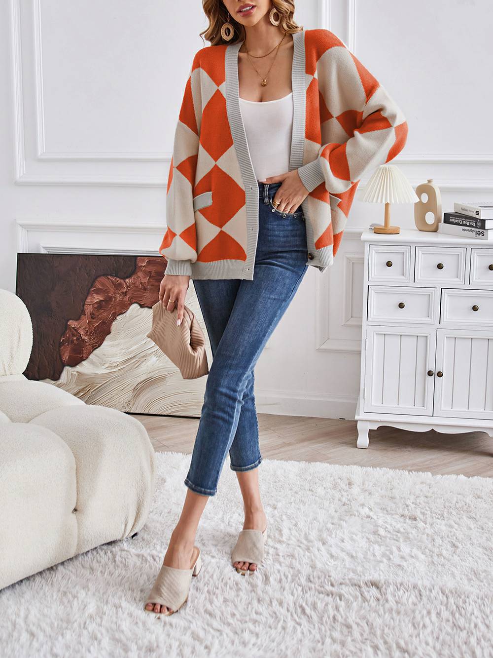 V-Neck Geometric Color Block Knit Cardigan