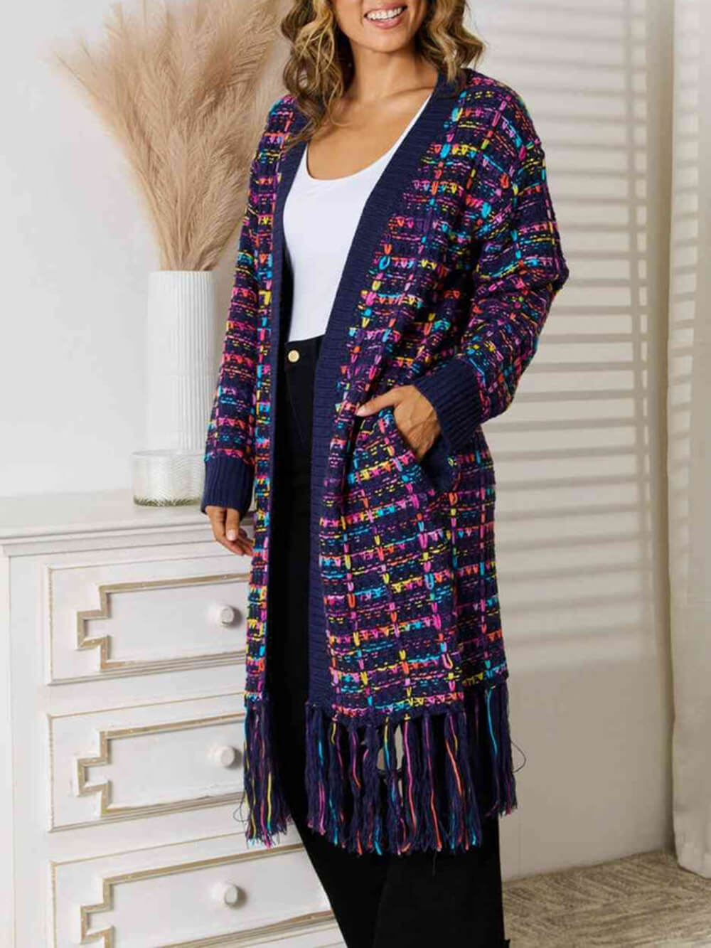 Boho Multicolor Fringe Hem Longline Cardigan