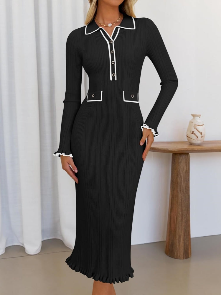 Collared Long Sleeve Knit Dress