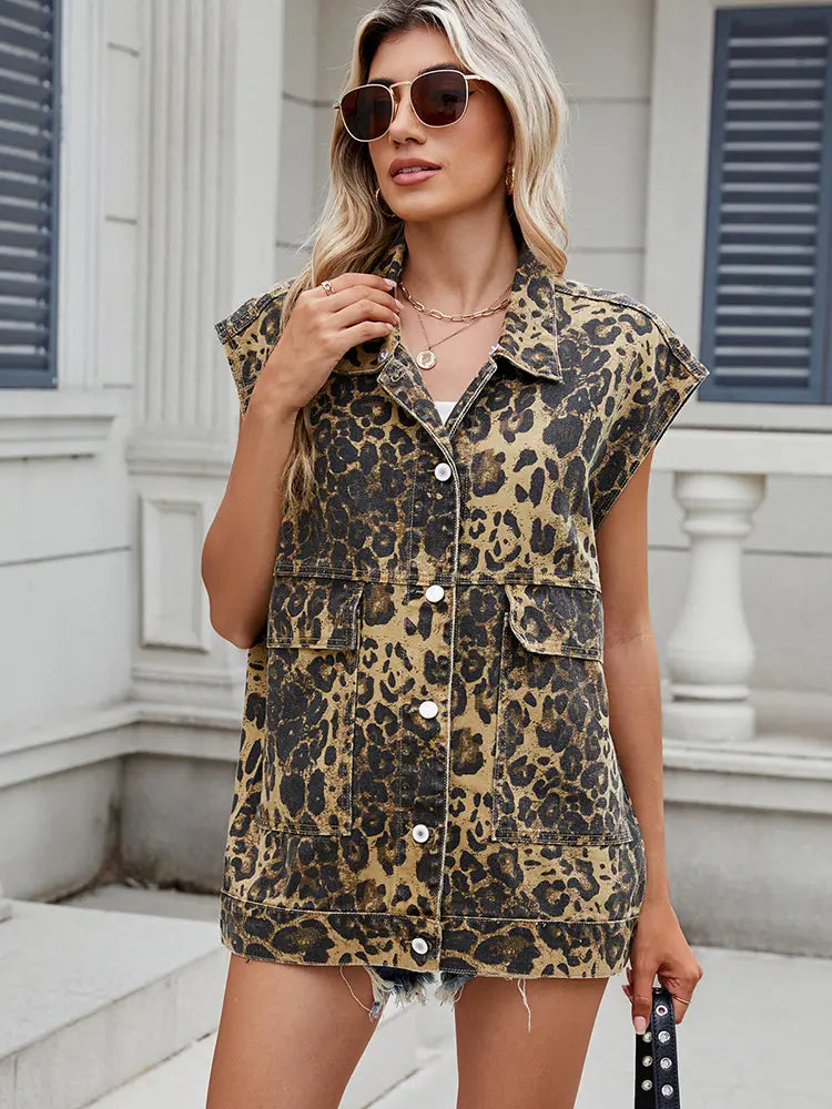 Loose-Fit Leopard Print Denim Vest