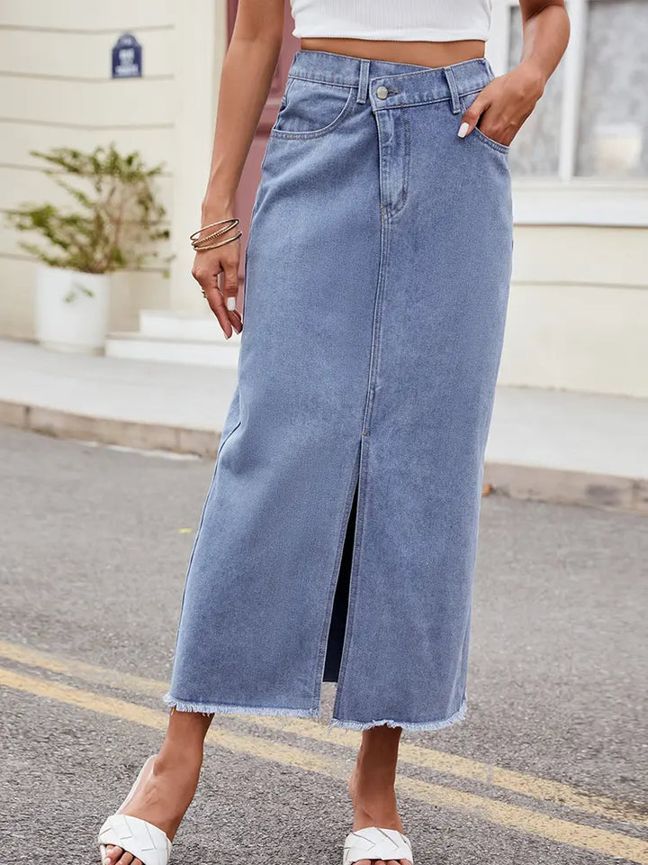 Washed Asymmetrical Denim Split Skirt