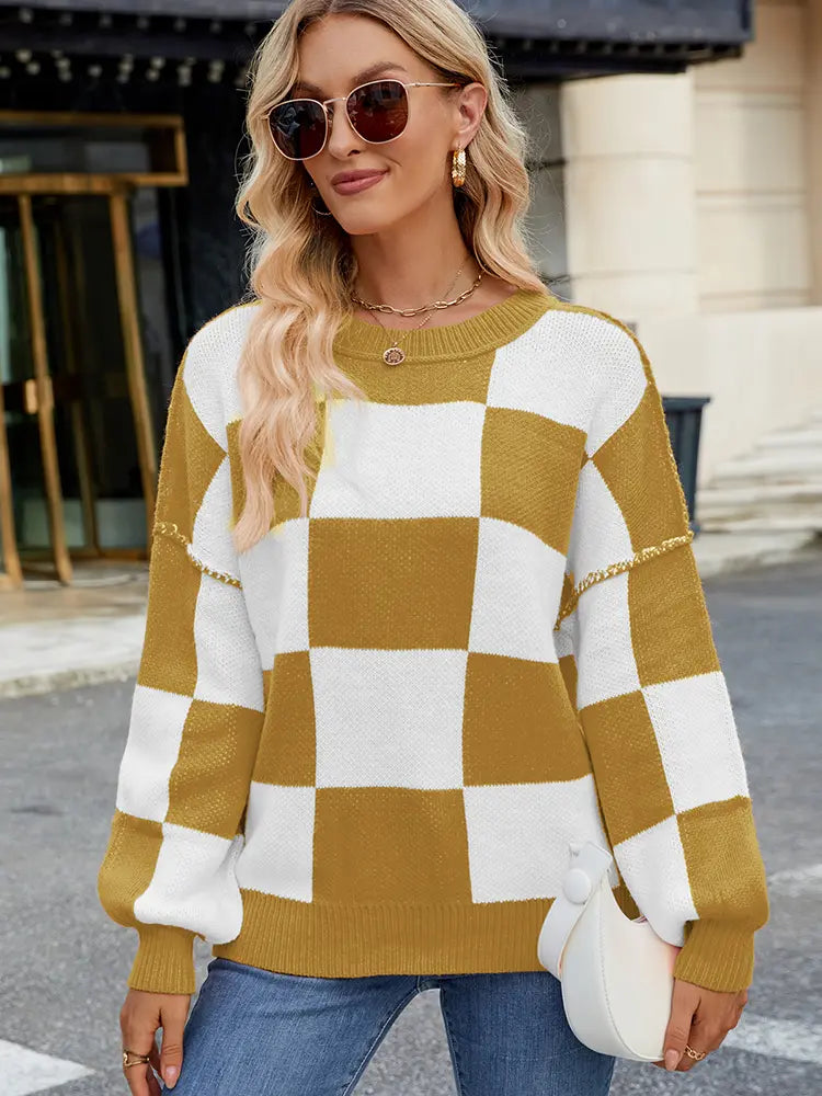 Plaid Color-Block Pullover Sweater