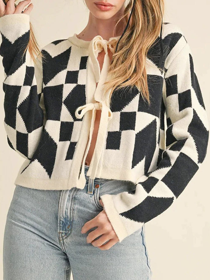 Geometric Print Lace-Up Cardigan Sweater