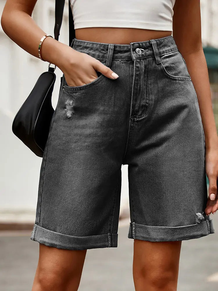 Distressed Cuffed Denim Bermuda Shorts