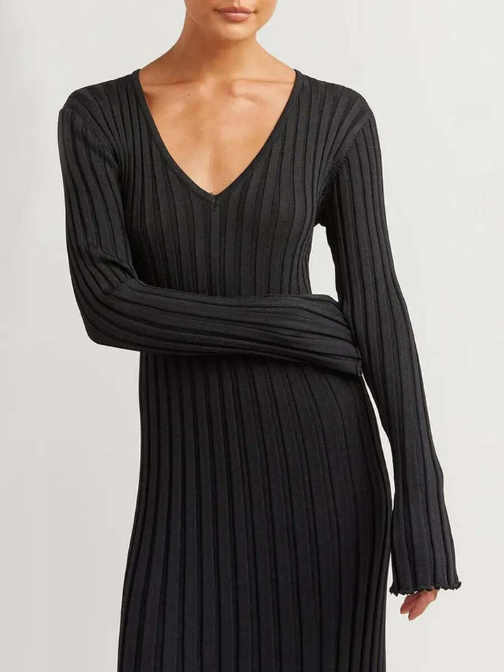 V Neck Flounce Sleeve Pit Strip Knitting Maxi Dress