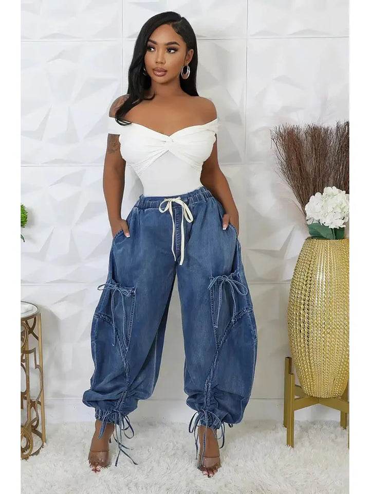 Adjustable Waist Denim Pants