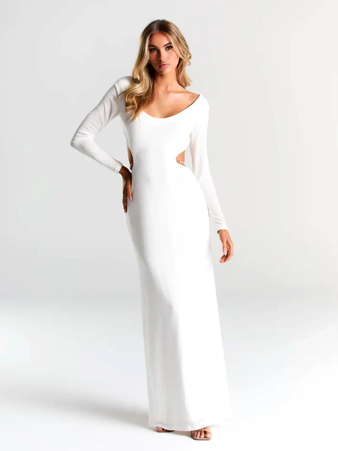 Pearl Chain Backless Fitted Maxi Dress