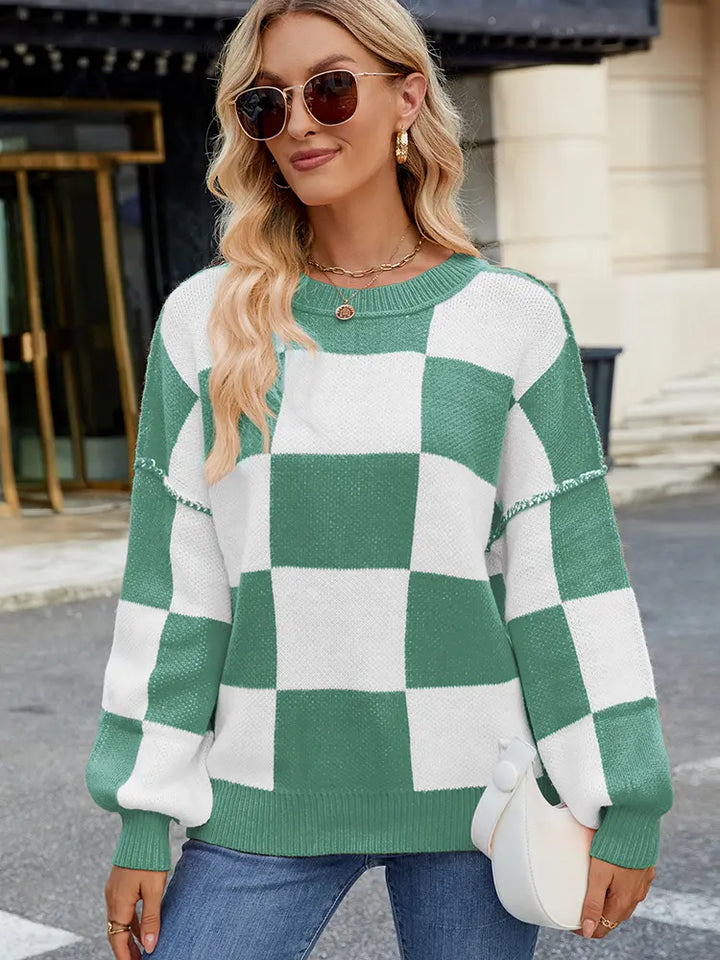 Plaid Color-Block Pullover Sweater