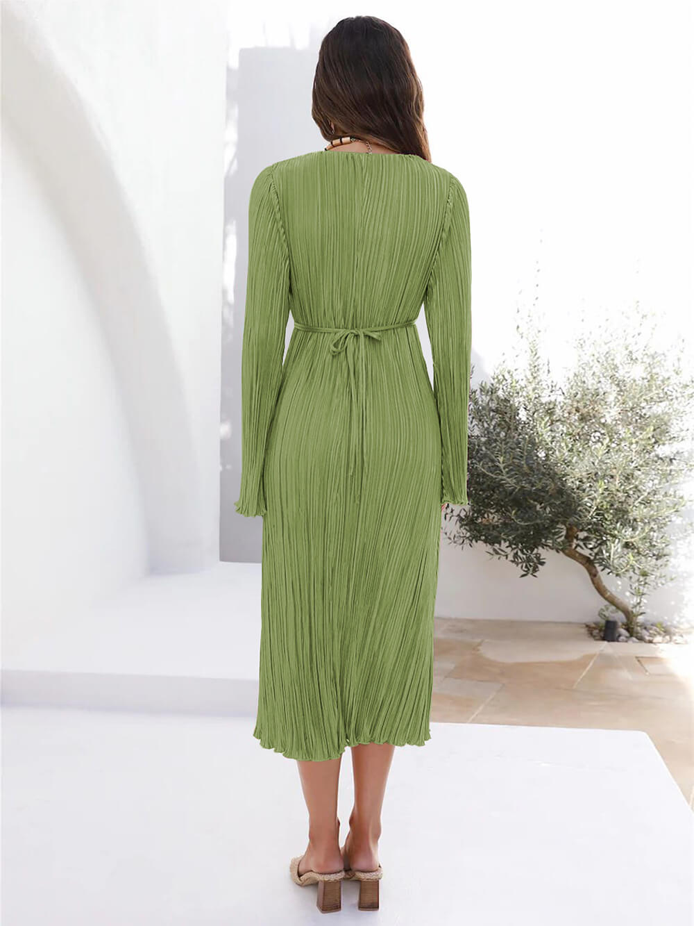 Mountain Vistas Draped Pleated Bell-Sleeve Midi Dress