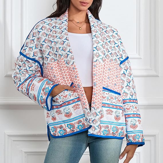 Lapel Printed Patchwork Quilted Thin Jacket