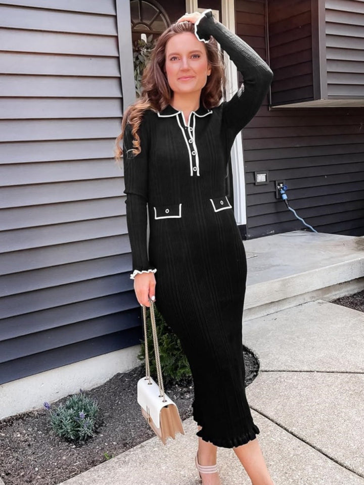 Collared Long Sleeve Knit Dress