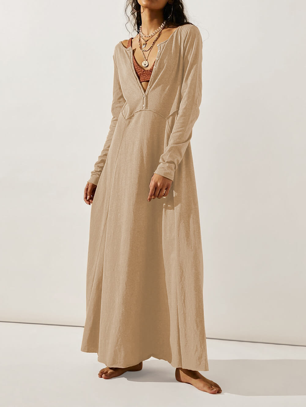 Solid Color Button Maxi Dress