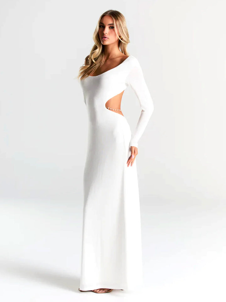 Pearl Chain Backless Fitted Maxi Dress