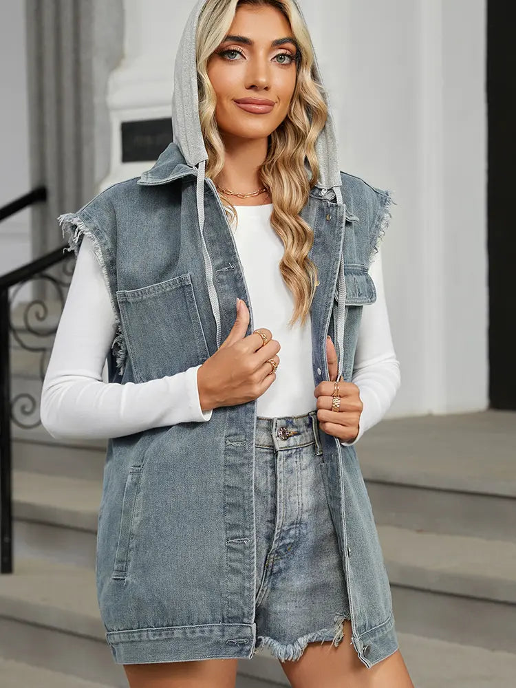 Washed Loose-Fit Hooded Denim Vest