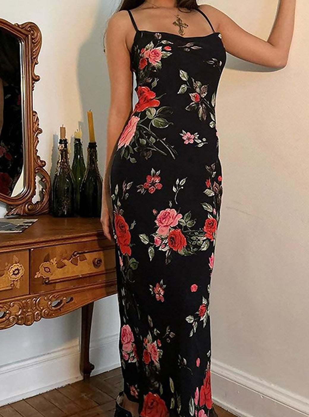 Floral Print Mesh Spaghetti Strap Maxi Dress