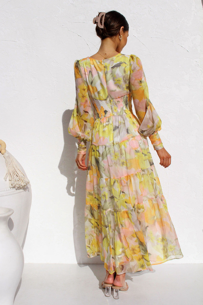 Painted Inspiration Floral Balloon Sleeves Maxi Dress