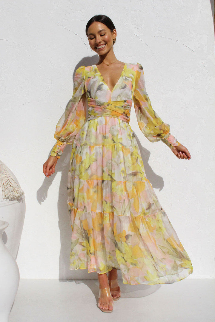 Painted Inspiration Floral Balloon Sleeves Maxi Dress