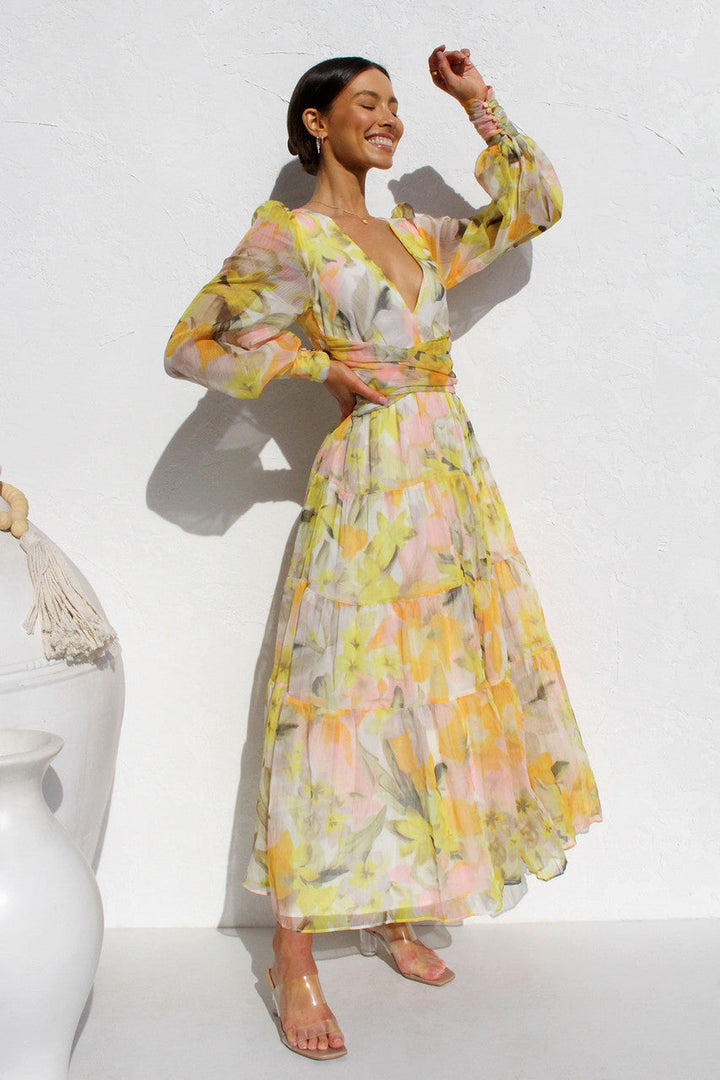 Painted Inspiration Floral Balloon Sleeves Maxi Dress