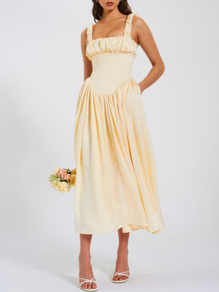 Noreen Pleated Strap Puffy Maxi Dress