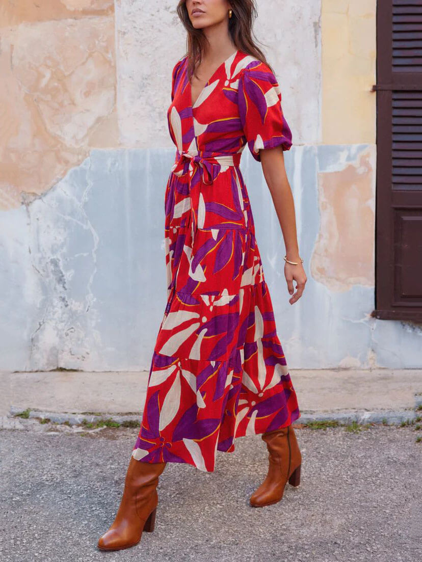 V-Neck Puff Sleeves Slit Printed Maxi Dress