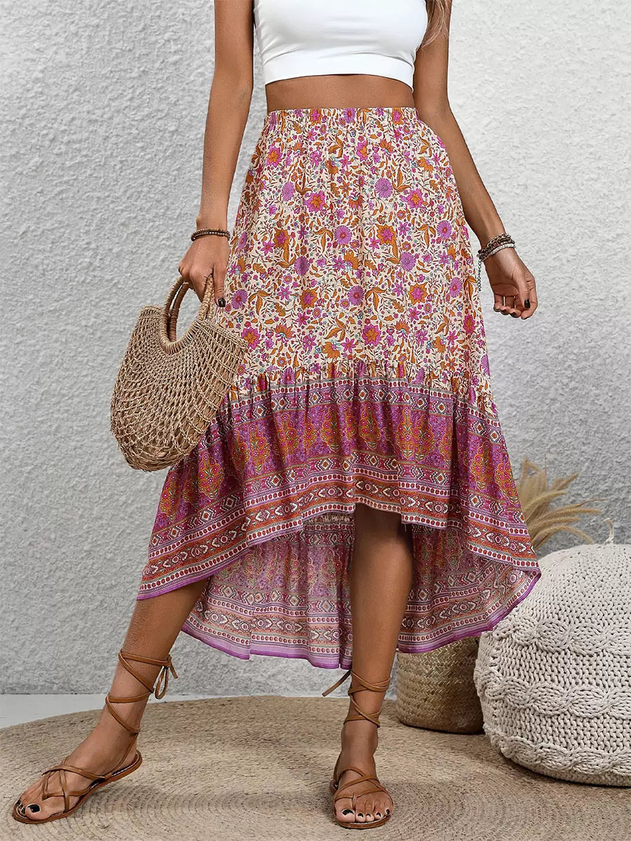 Bohemian Skirts Rose Asymmetrical Natural Waist Viscose Elegant Mid-calf Length Bottoms