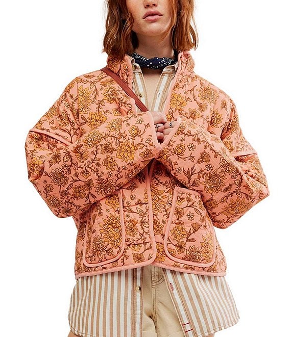 Floral Print Stand Collar Patchwork Jacket