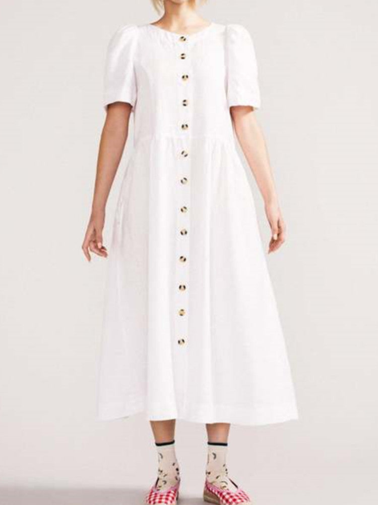 V Neck Linen Button-Down Midi Dress with Pocket In White