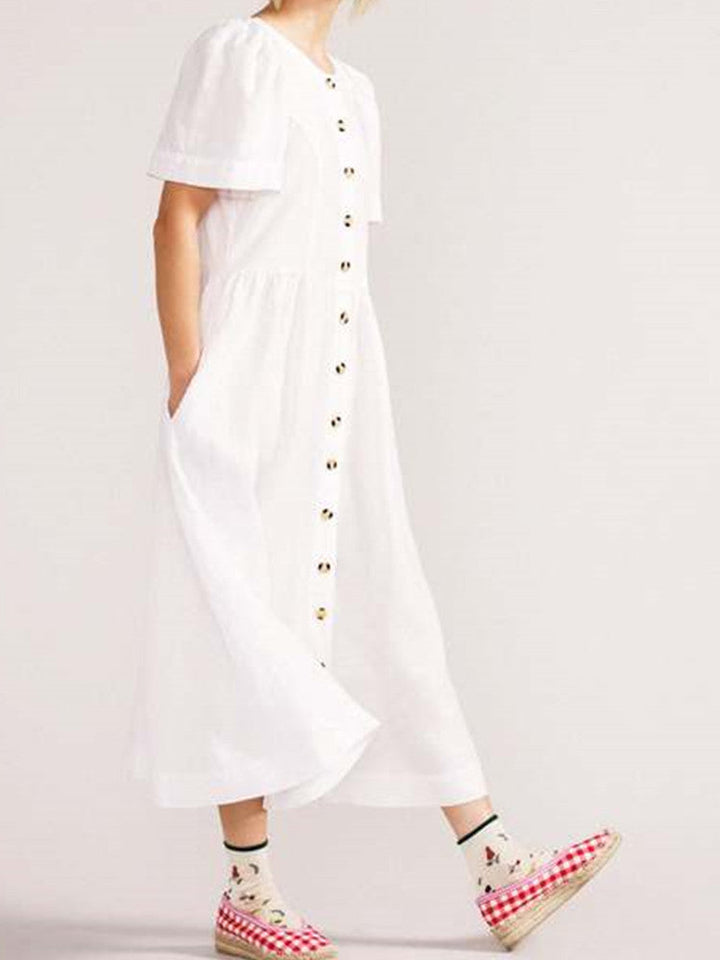 V Neck Linen Button-Down Midi Dress with Pocket In White