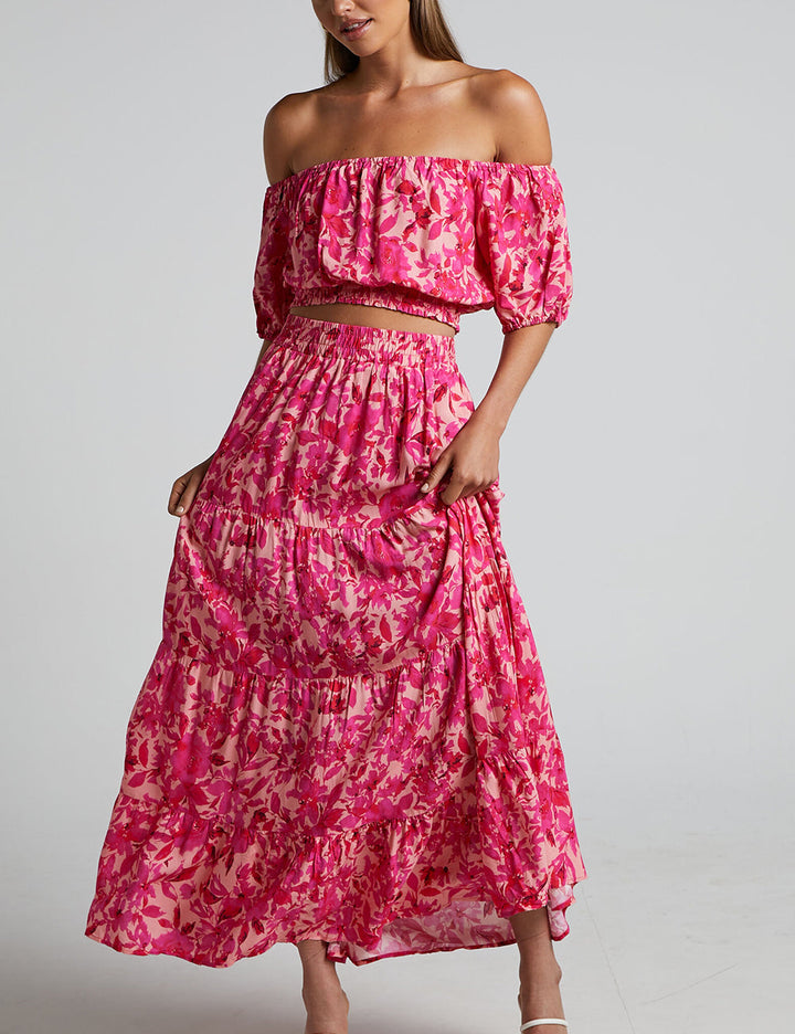 Off Shoulder Puff Sleeve Shirred Top In Pink Floral