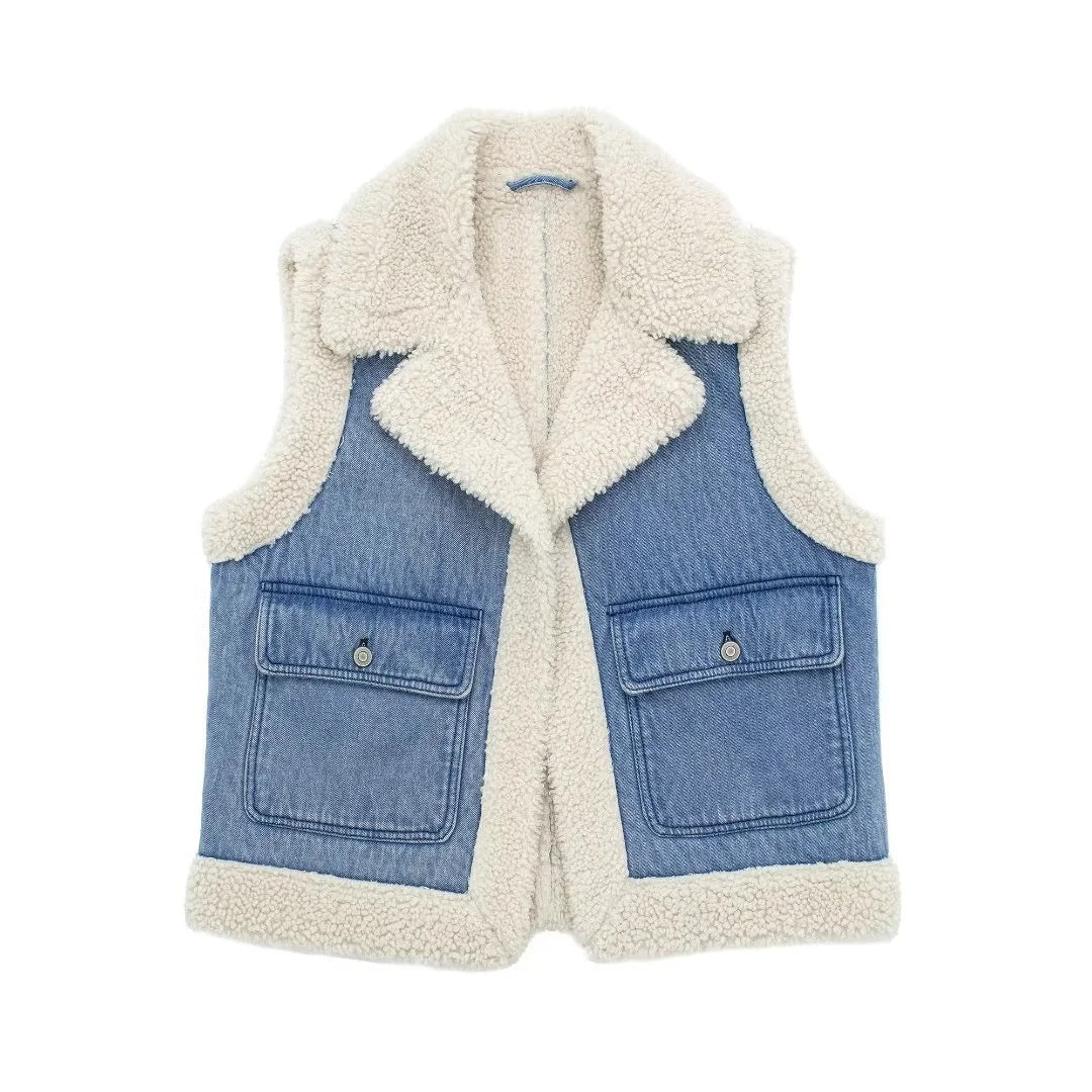 Denim Imitation Wool Waistcoat