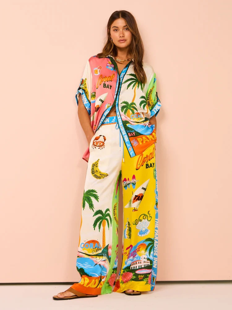 Vacation Leisure Loose Print Wide Leg Pants-Set