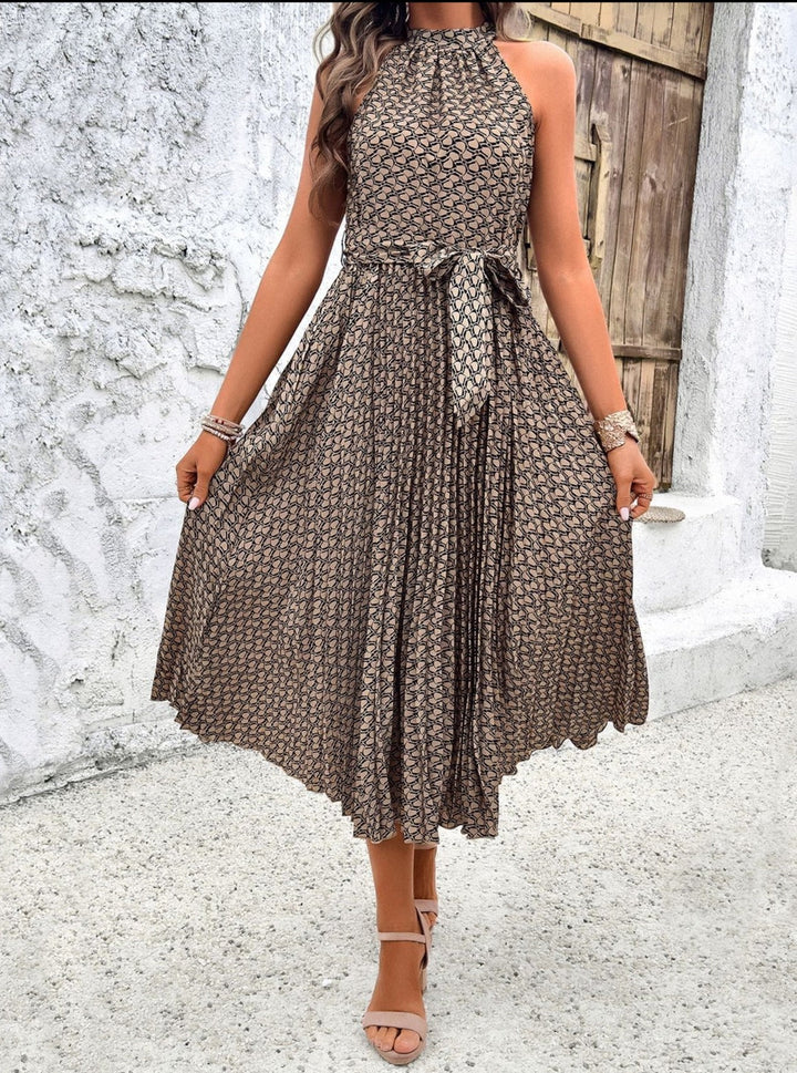 Women's Patterned Sleeveless Halterneck Midi Dress with Waist Tie