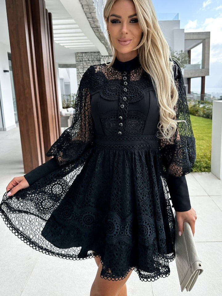 Lace Trim Long-Sleeve Dress