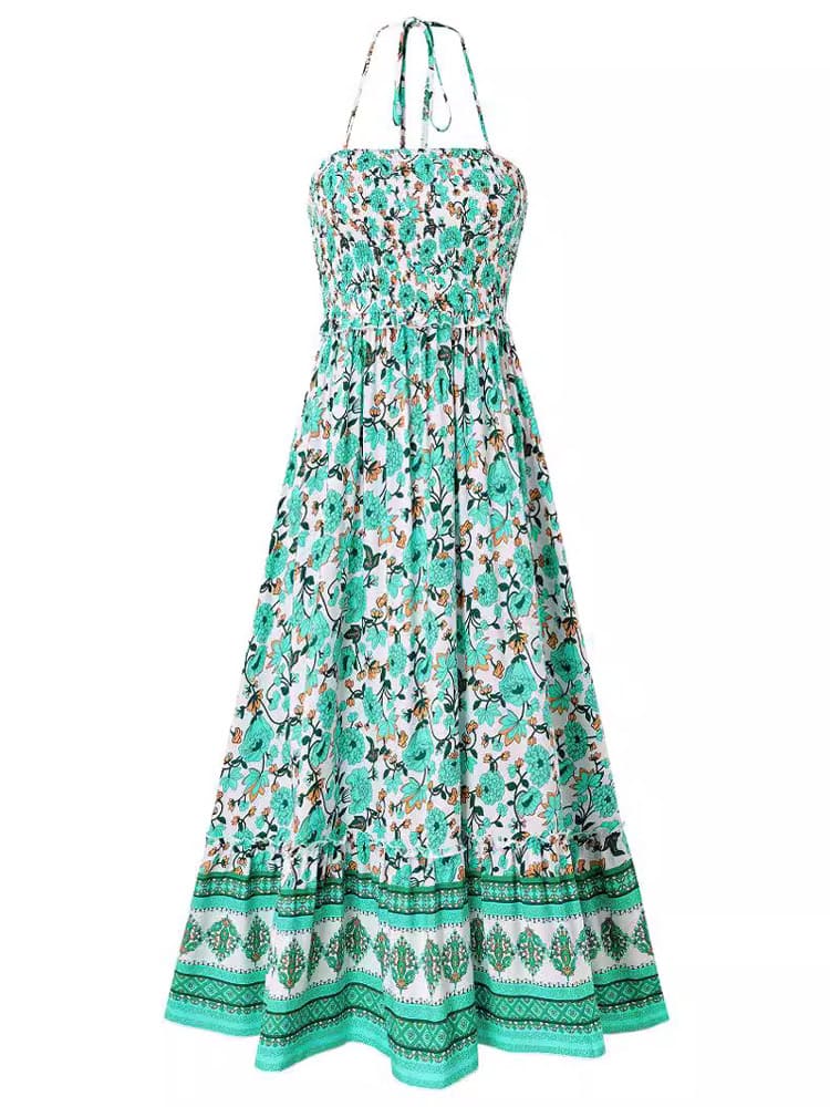 Floral Print Smocked Chest Halter Neck Maxi Dress