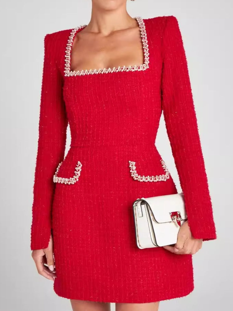 Pearl-Embellished Tweed Dress