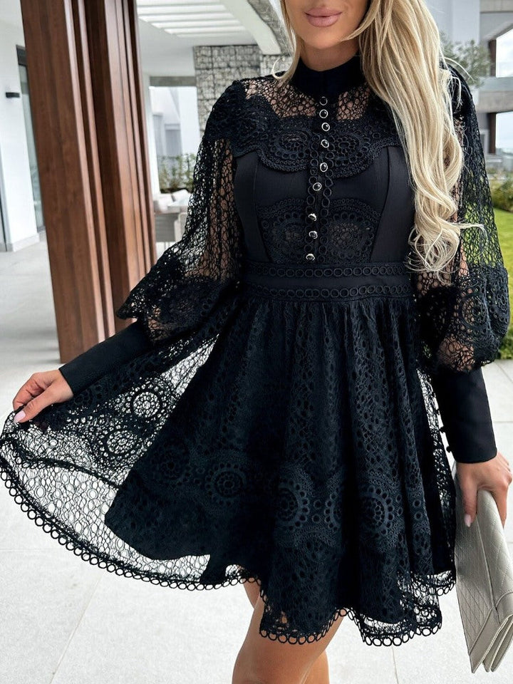 Lace Trim Long-Sleeve Dress