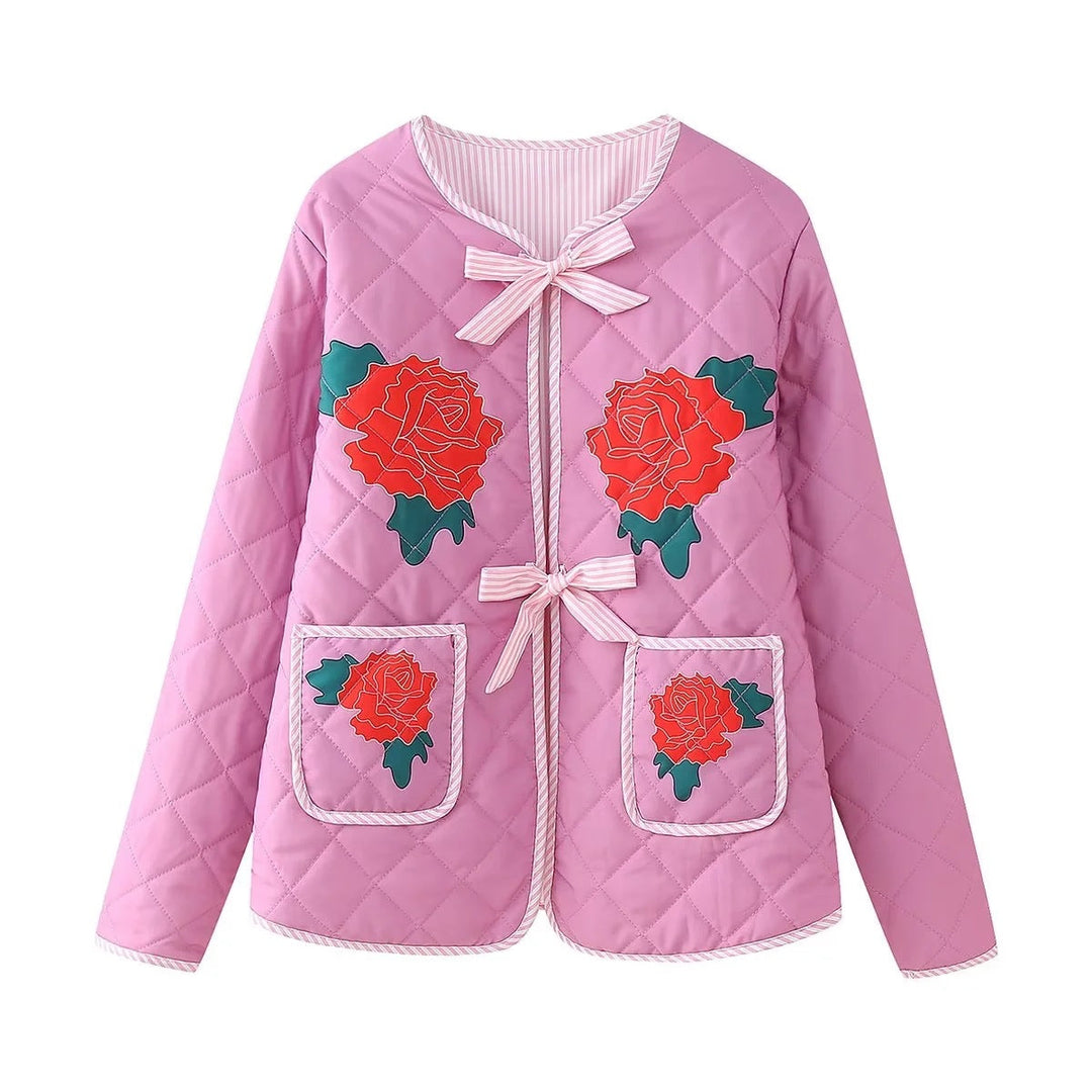 Rose Print Bow Pink Thin Jacket