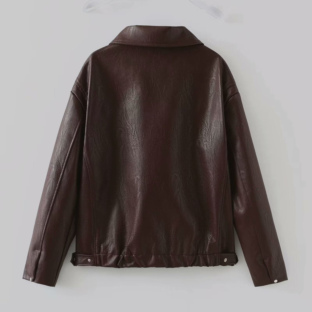 Vintage Lapel Zipper Faux Leather Jacket