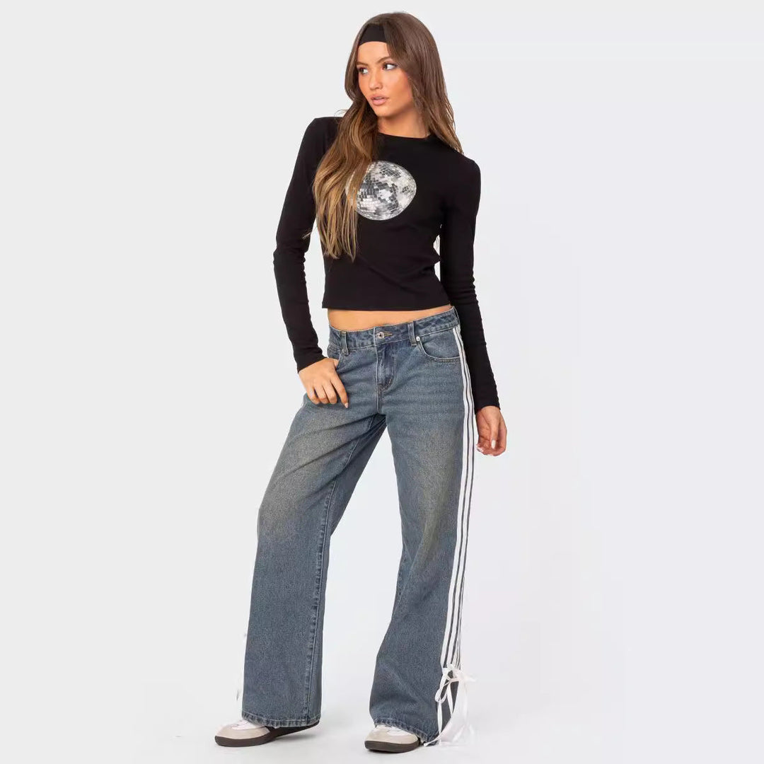 Low Waist Loose Side Striped Bow Wide-Leg Jeans