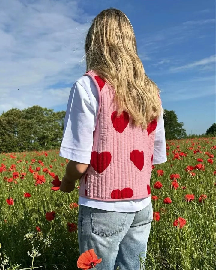 Heart Print Sleeveless Pink Bow V-neck Waistcoat