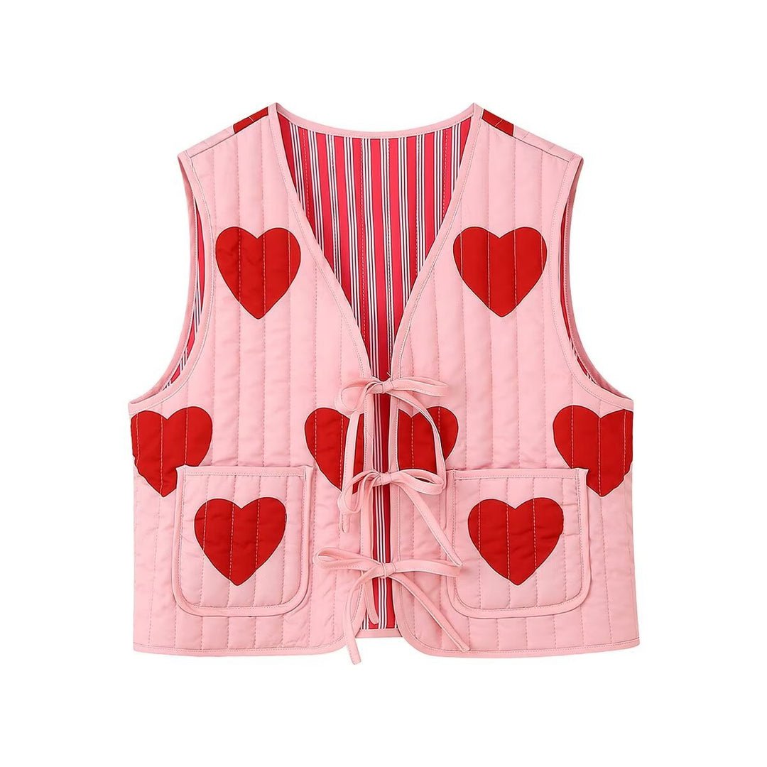 Heart Print Sleeveless Pink Bow V-neck Waistcoat