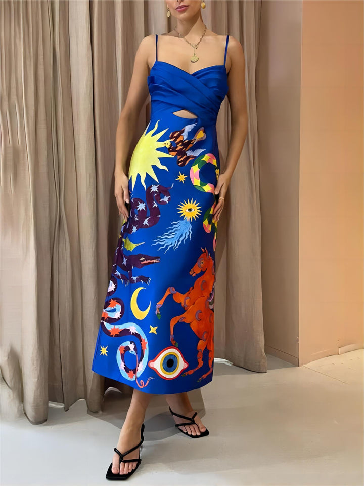 Summer Sexy Satin Backless Printed Sleeveless Midi Dress