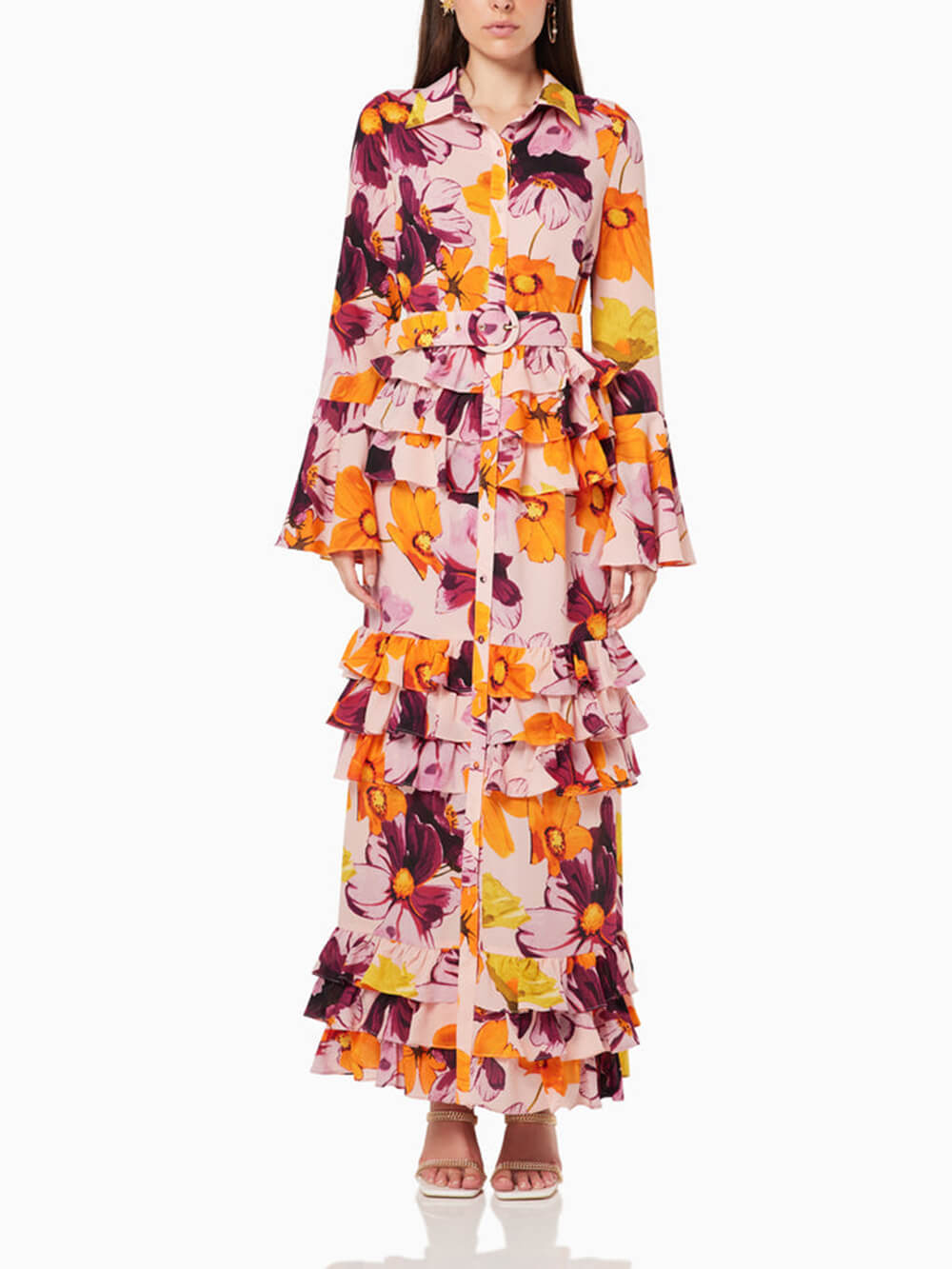 Floral Print Shirt Ruffle Cake Maxi Dress