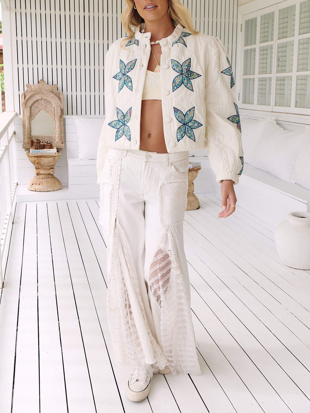 Long Sleeve Button Embroidered Cropped Jacket