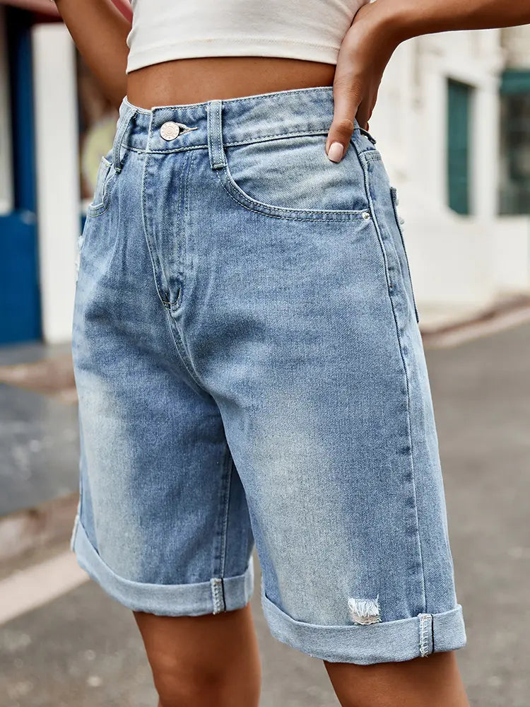 Distressed Cuffed Denim Bermuda Shorts