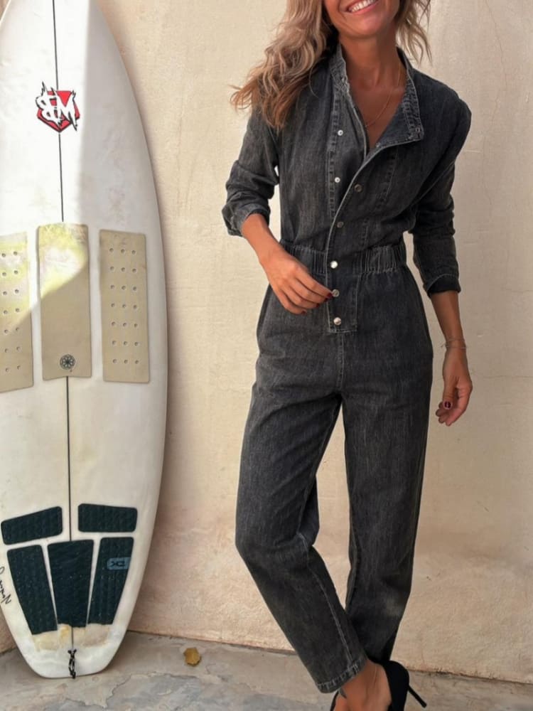 Front Button Elastic Waist Washed Jumpsuit