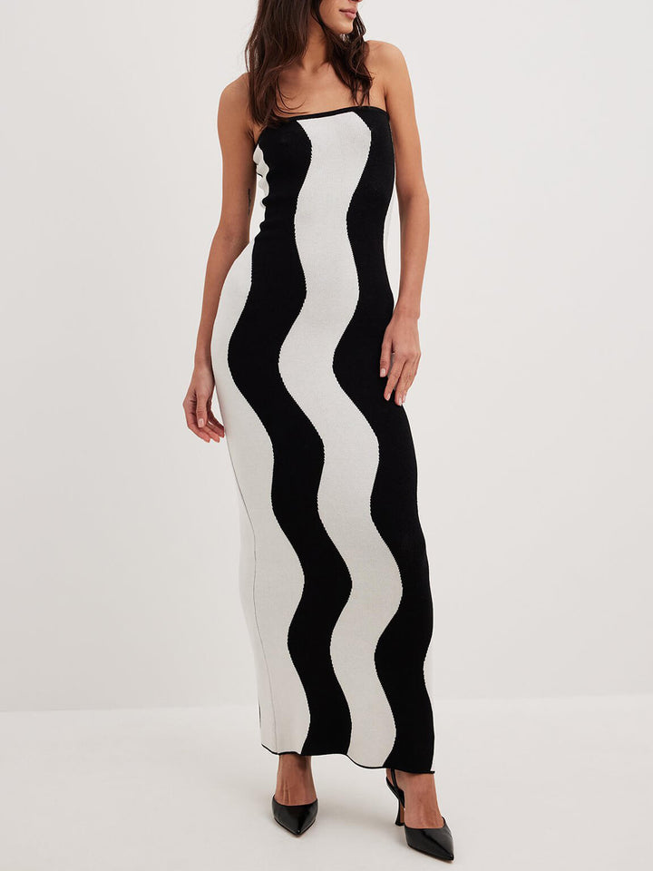 Wavy Striped Contrast Bandeau Midi Dress