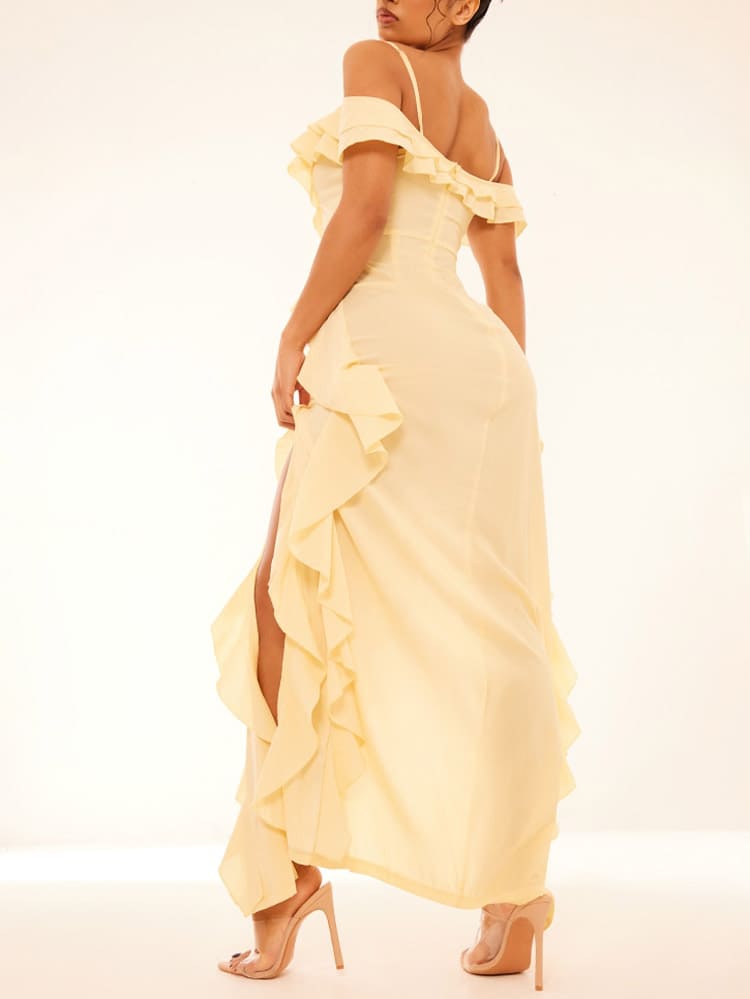 Lemon Cold Shoulder Ruffle Detail Maxi Dress