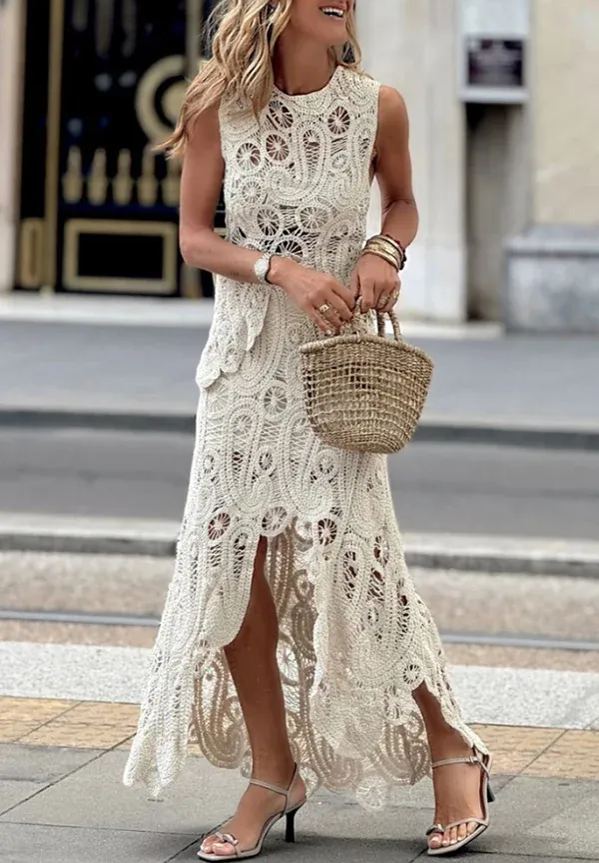 Elegant Crochet Hollow Lace Skirt Set