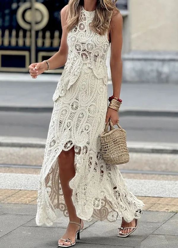 Elegant Crochet Hollow Lace Skirt Set